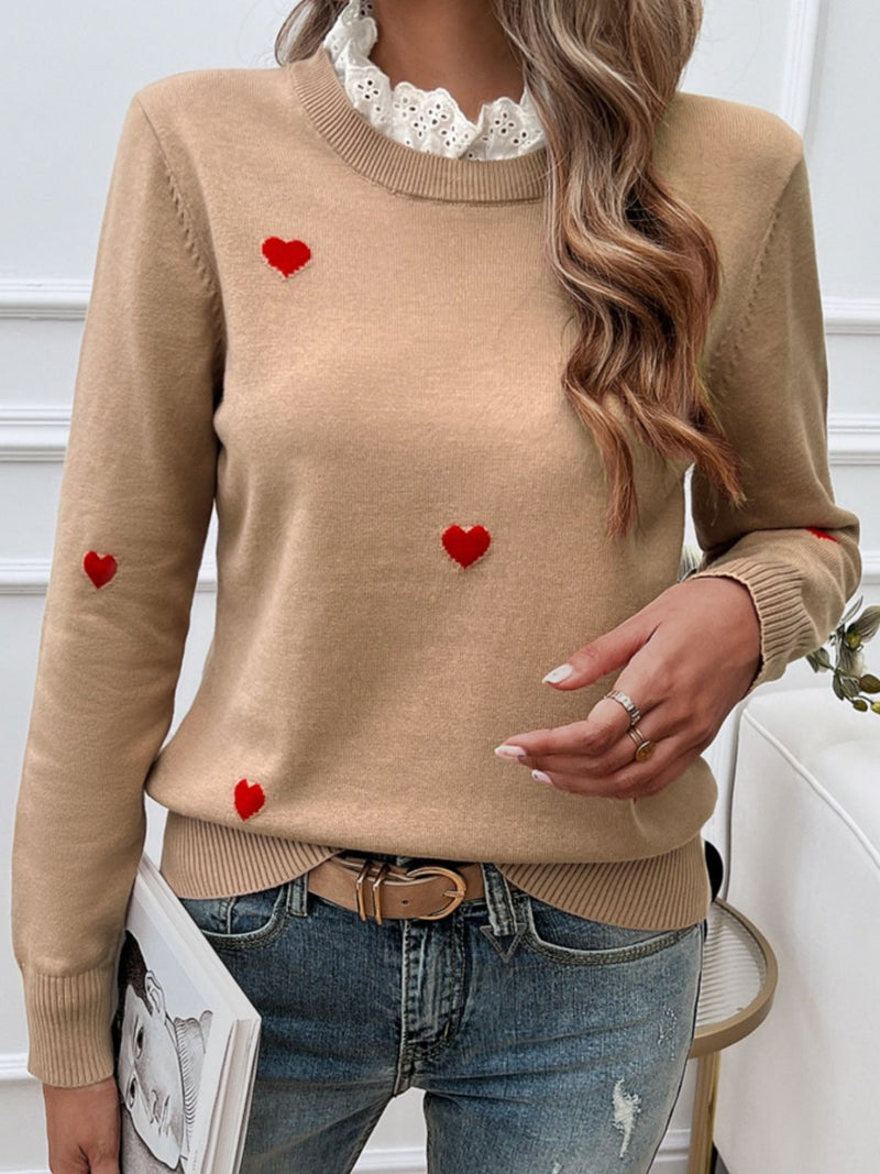 Hazel Blues® |  Lace Detail Heart Long Sleeve Sweater