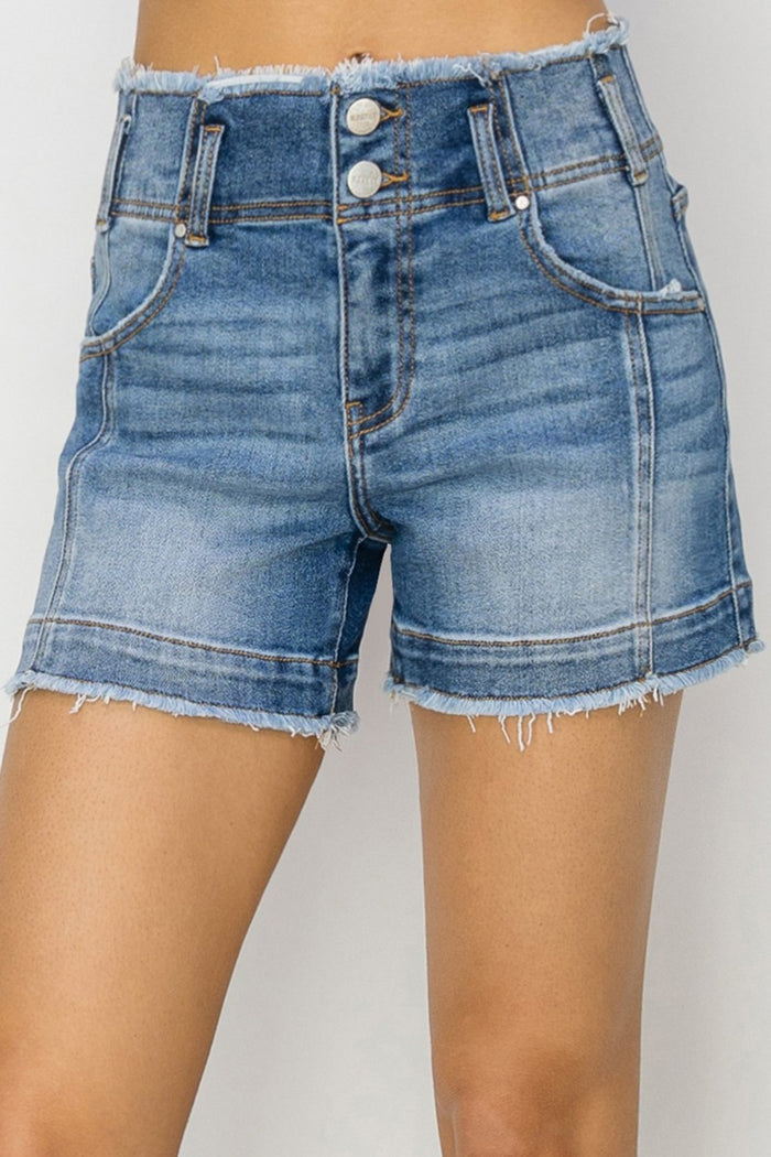 Hazel Blues® |  RISEN High Rise Seam Detailed Raw Edge Denim Shorts