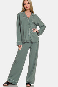 Hazel Blues® |  Zenana Button Down Long Sleeve Top and Pants Lounge Set