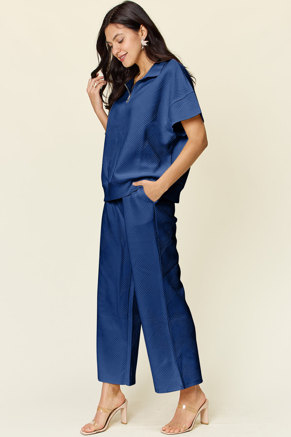 Hazel Blues® |  Double Take Texture Half Zip Short Sleeve Top and Pants Set