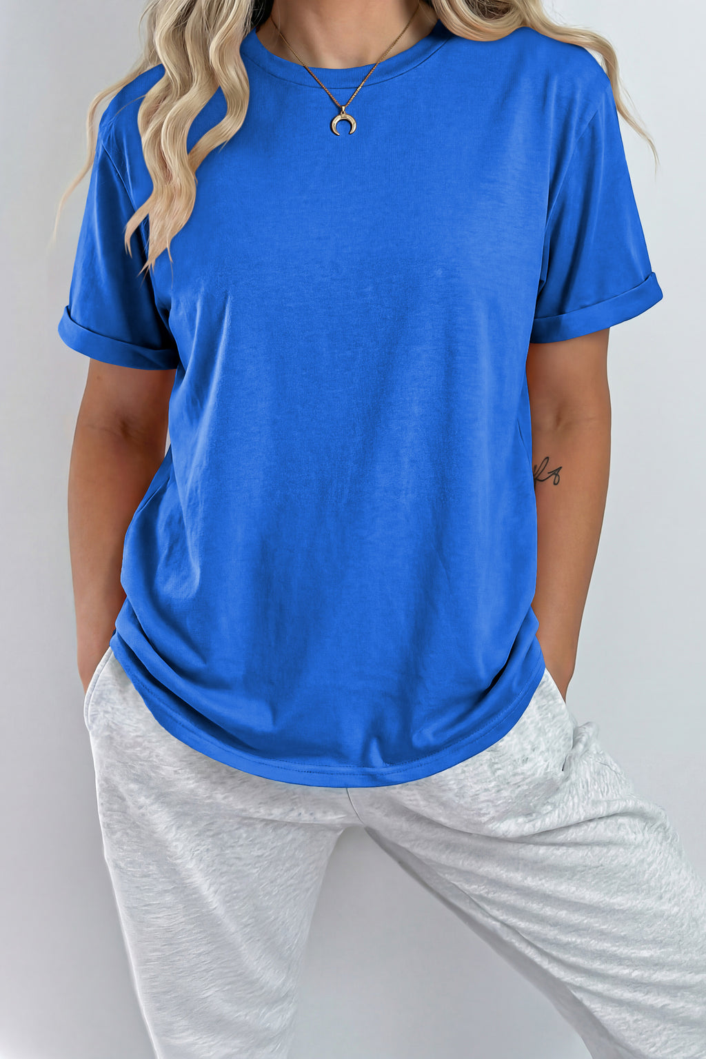 Dark Blue Casual Plain Crew Neck Tee