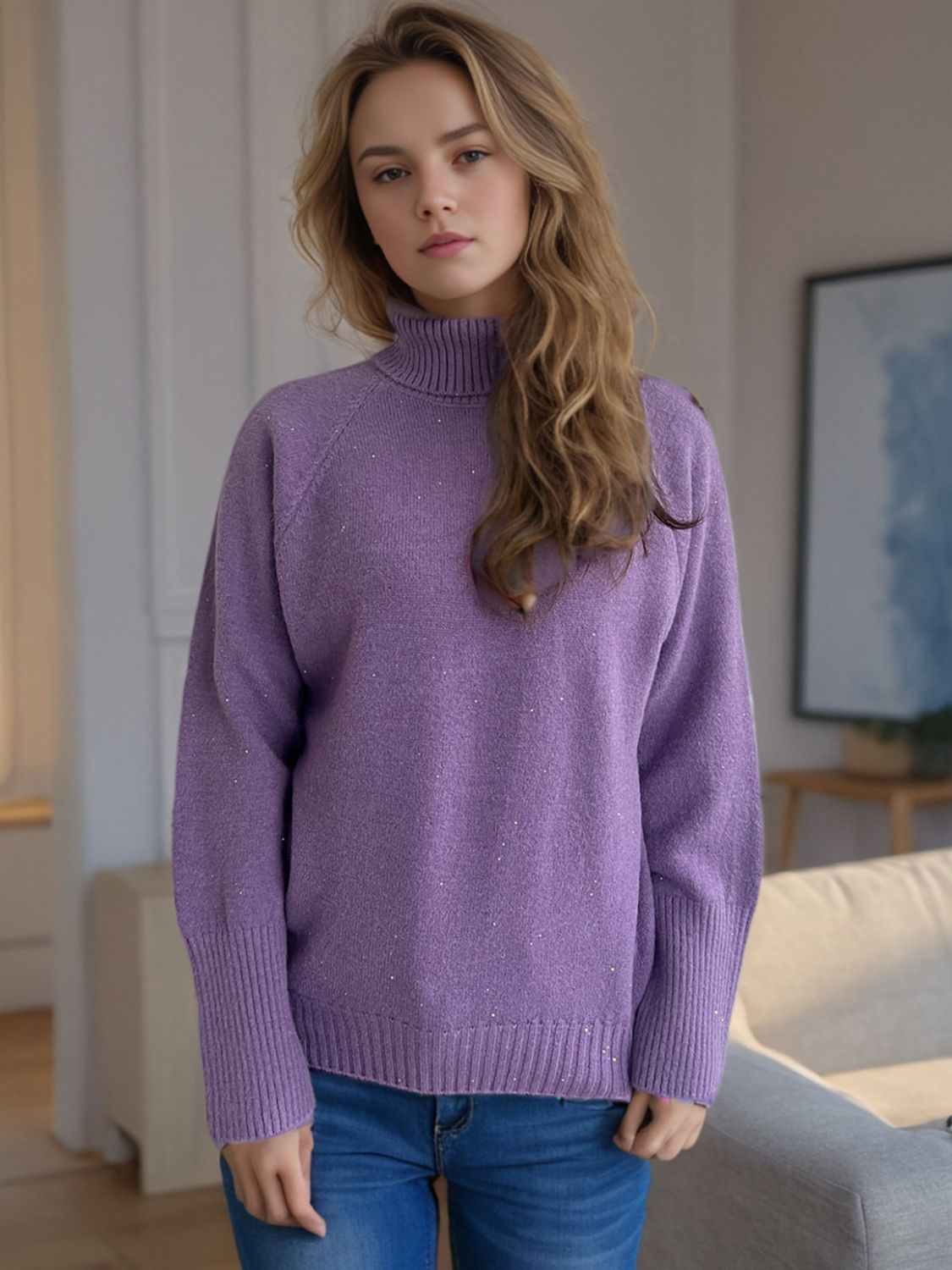 Hazel Blues® |  Turtleneck Raglan Sleeve Sweater