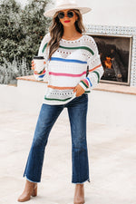 Hazel Blues® |  White Color Block Striped Pointelle Knit Sweater