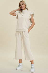 Hazel Blues® |  Double Take Texture Ruffle Short Sleeve Top and Wide Leg Pants Set