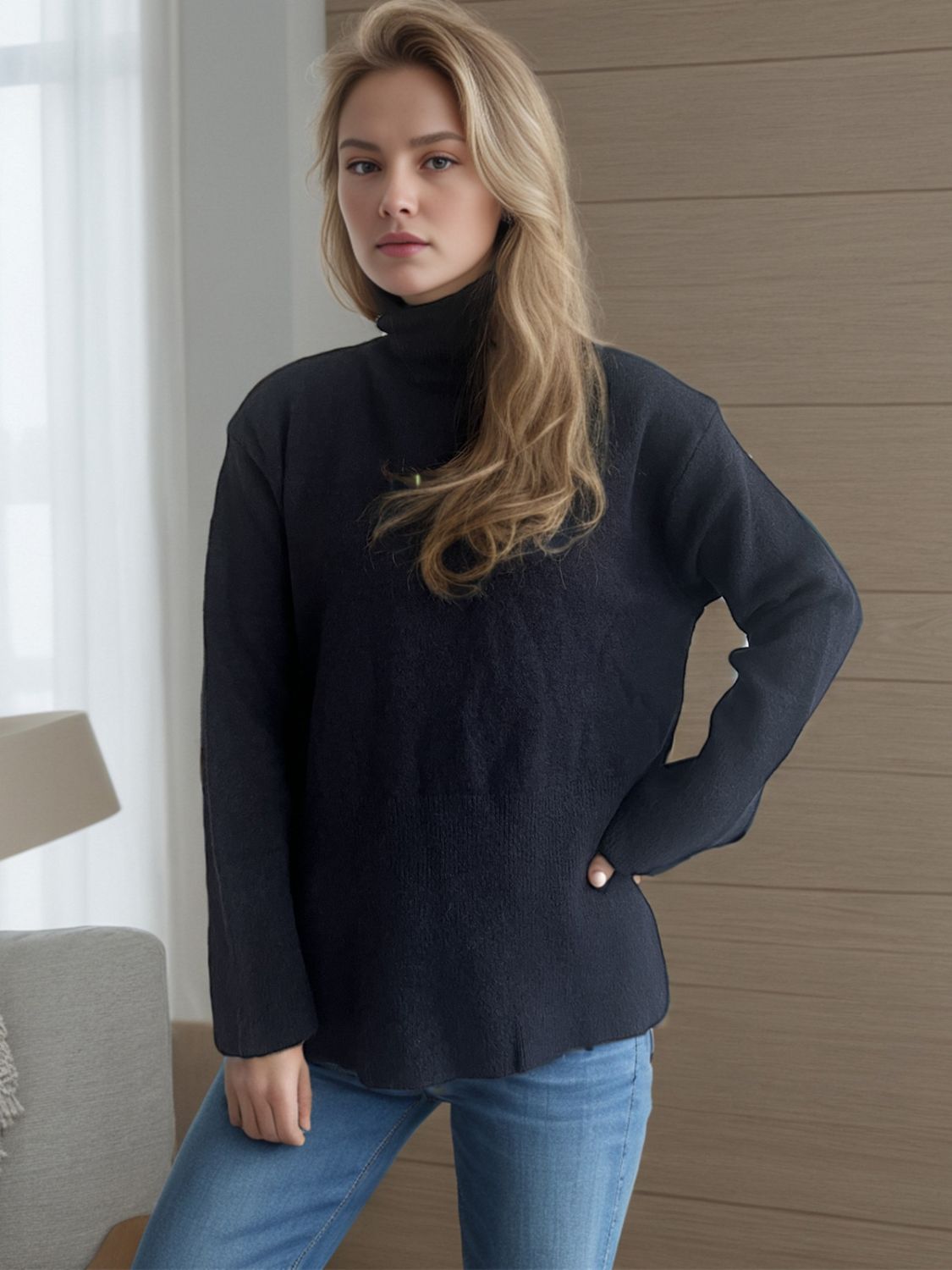 Hazel Blues® |  Side Slit Turtleneck Long Sleeve Sweater