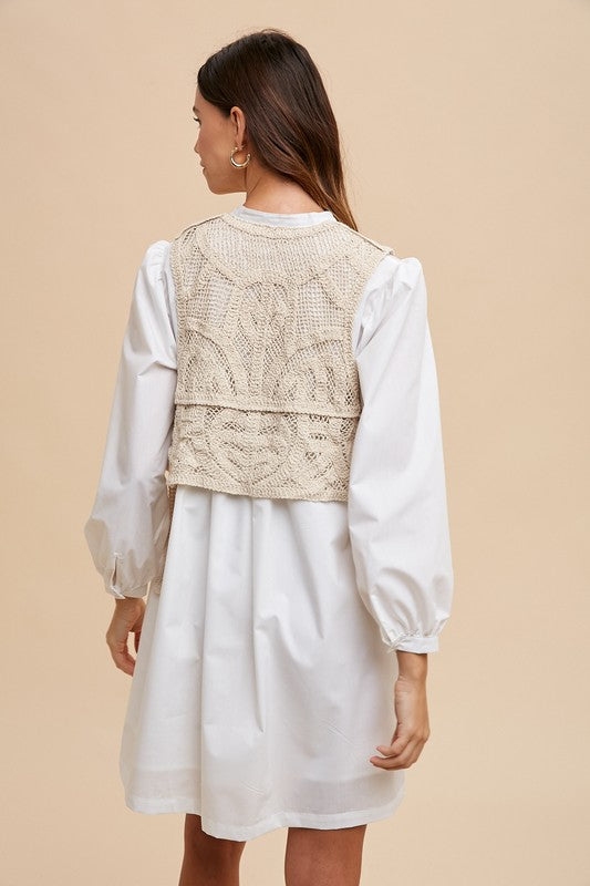 Hazel Blues® |  Annie Wear Crochet Vest Notched Long Sleeve Shirt Dress