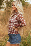 Hazel Blues® |  Red Mesh Star Print Mock Neck Sheath Long Sleeve Top