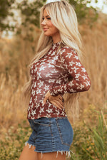 Hazel Blues® |  Red Mesh Star Print Mock Neck Sheath Long Sleeve Top