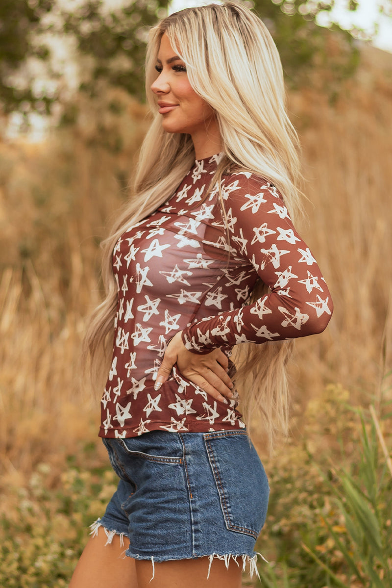Hazel Blues® |  Red Mesh Star Print Mock Neck Sheath Long Sleeve Top