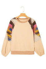 Hazel Blues® |  Light French Beige Aztec Patchwork Raglan Pullover Sweatshirt