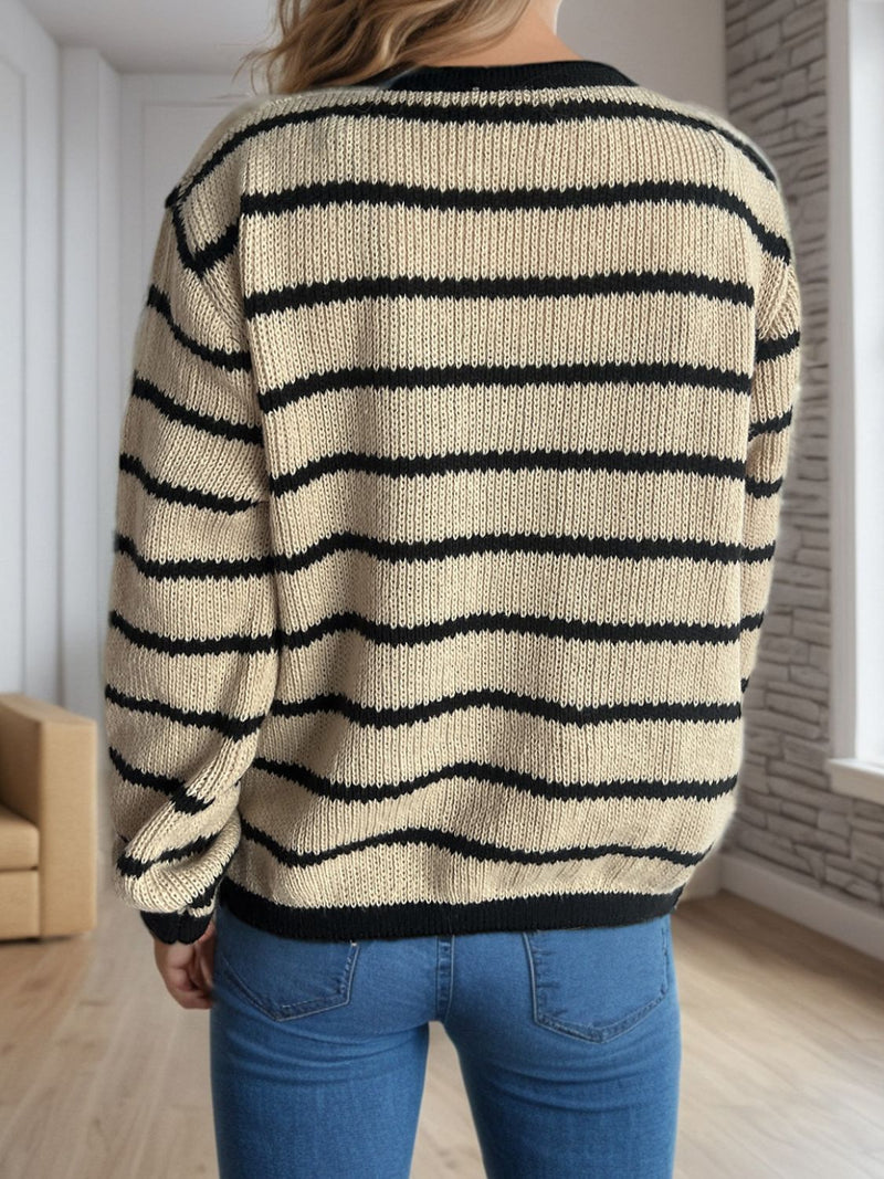 Hazel Blues® |  Striped Round Neck Long Sleeve Cardigan