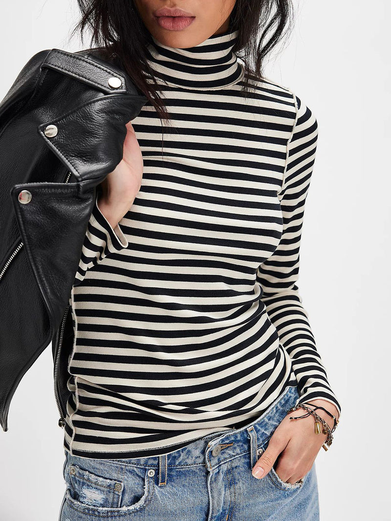 Hazel Blues® |  Exposed Seam Striped Turtleneck Long Sleeve T-Shirt