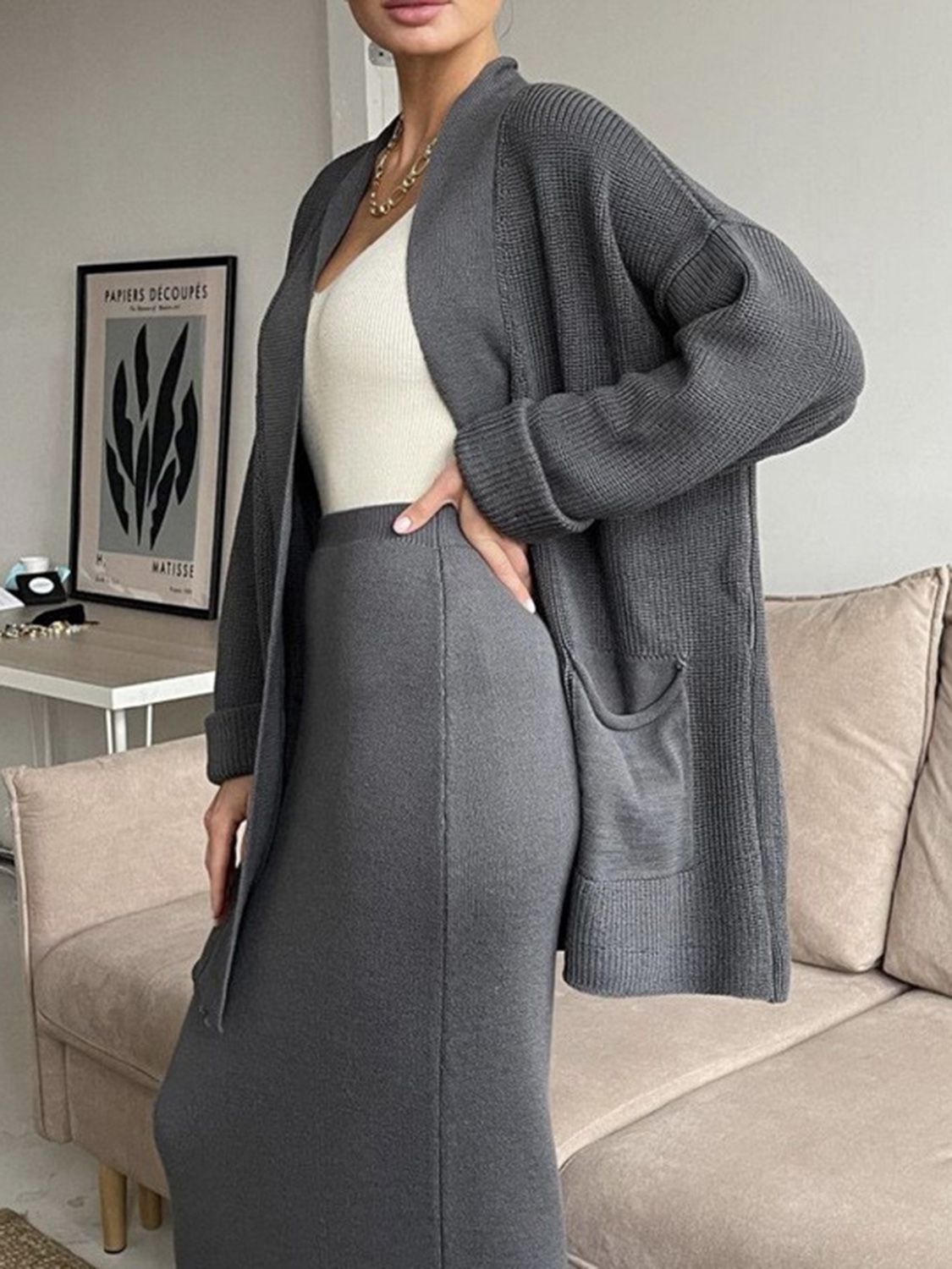 Hazel Blues® |  Pocketed Long Sleeve Cardigan and Skirt Sweater Set