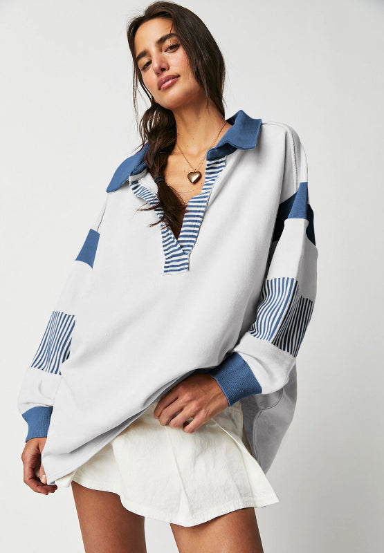 Hazel Blues® |  Color Block Johnny Collar Long Sleeve Sweatshirt