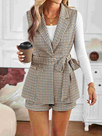 Hazel Blues® |  Tied Plaid Collared Neck Vest and Shorts Set