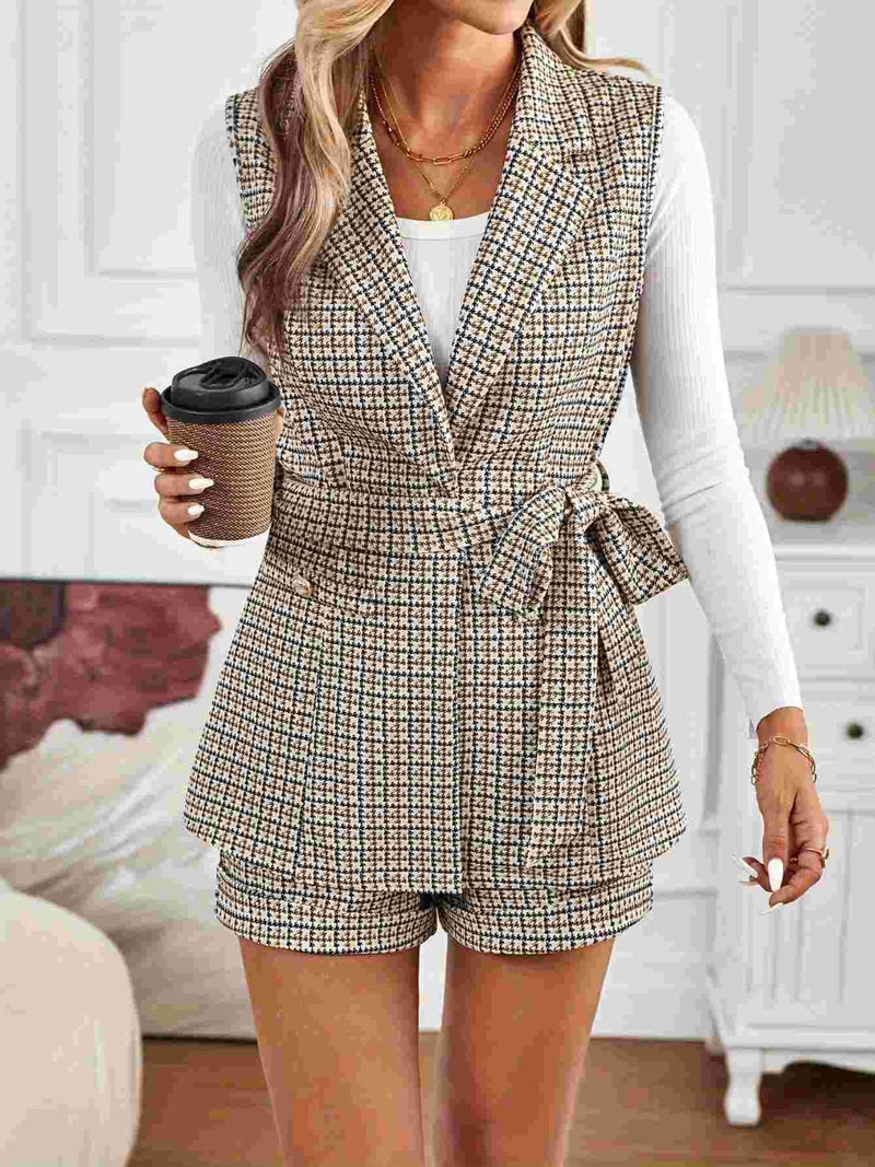 Hazel Blues® |  Tied Plaid Collared Neck Vest and Shorts Set