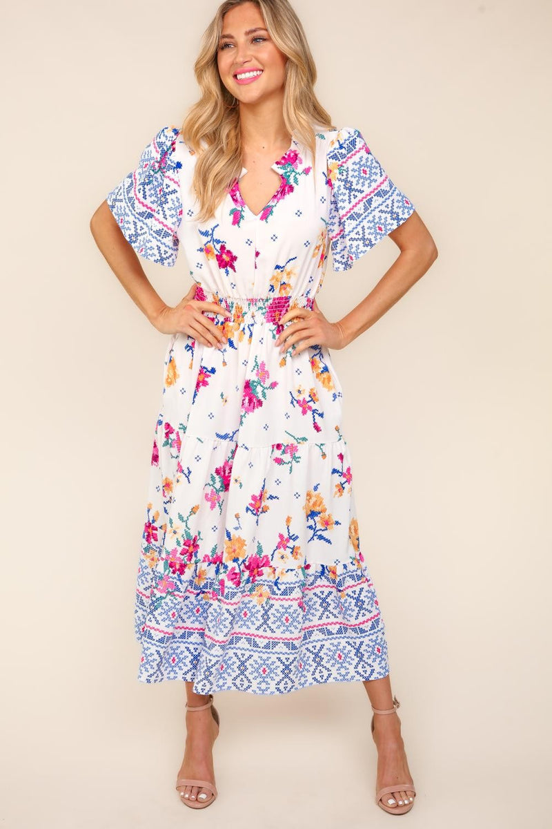 Hazel Blues® |  Haptics Printed Notched Short Sleeve Tiered Dress