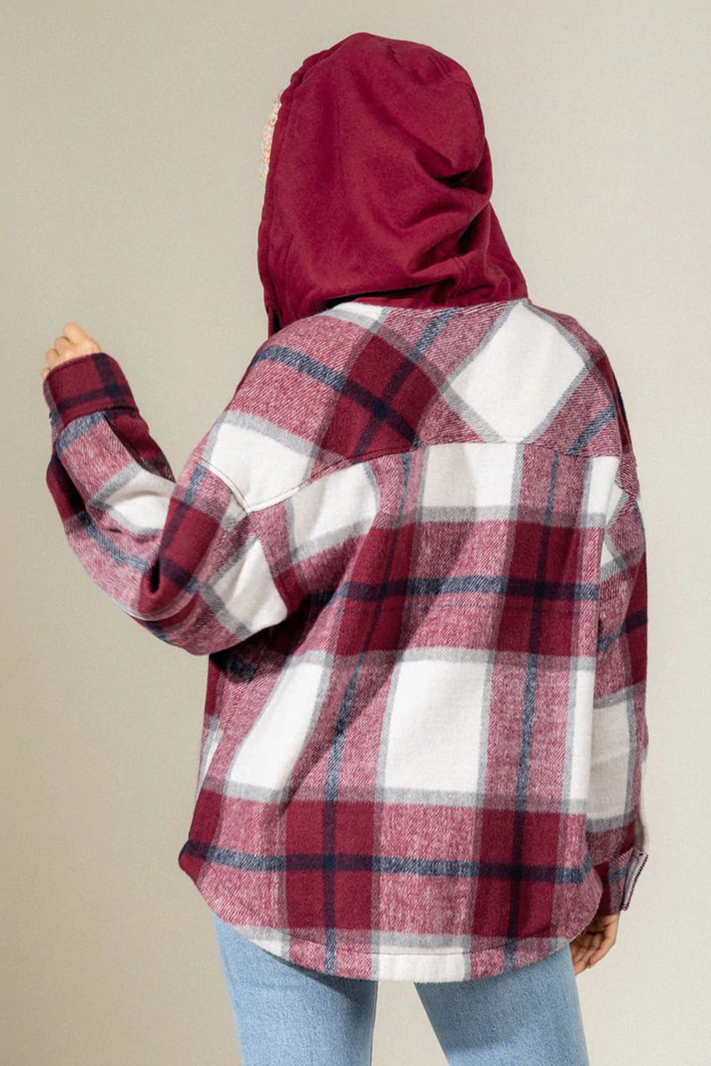 Hazel Blues® |  Drawstring Plaid Dropped Shoulder Hooded Shacket