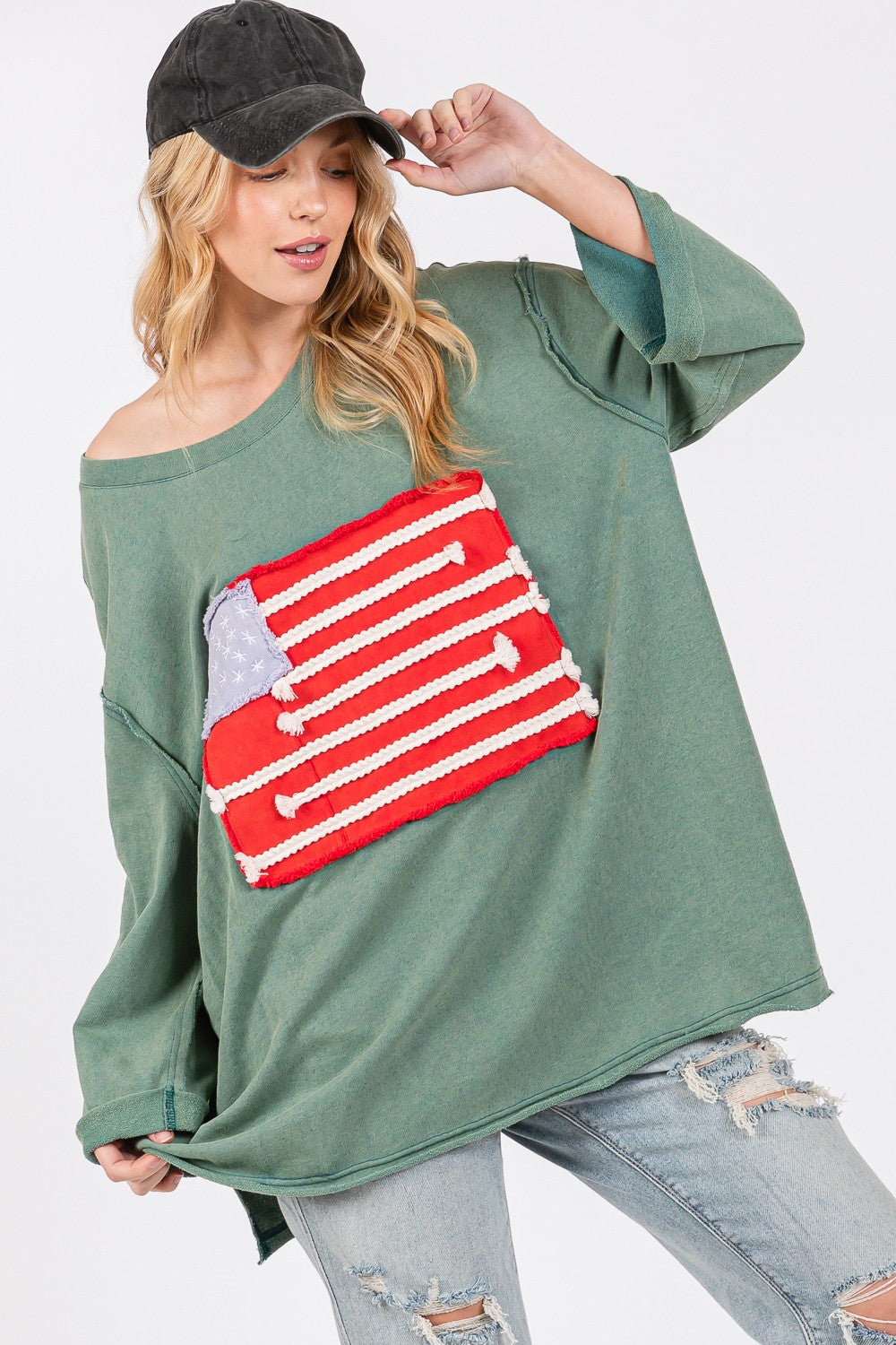 Hazel Blues® |  SAGE + FIG American Flag Patch Drop Shoulder T-Shirt