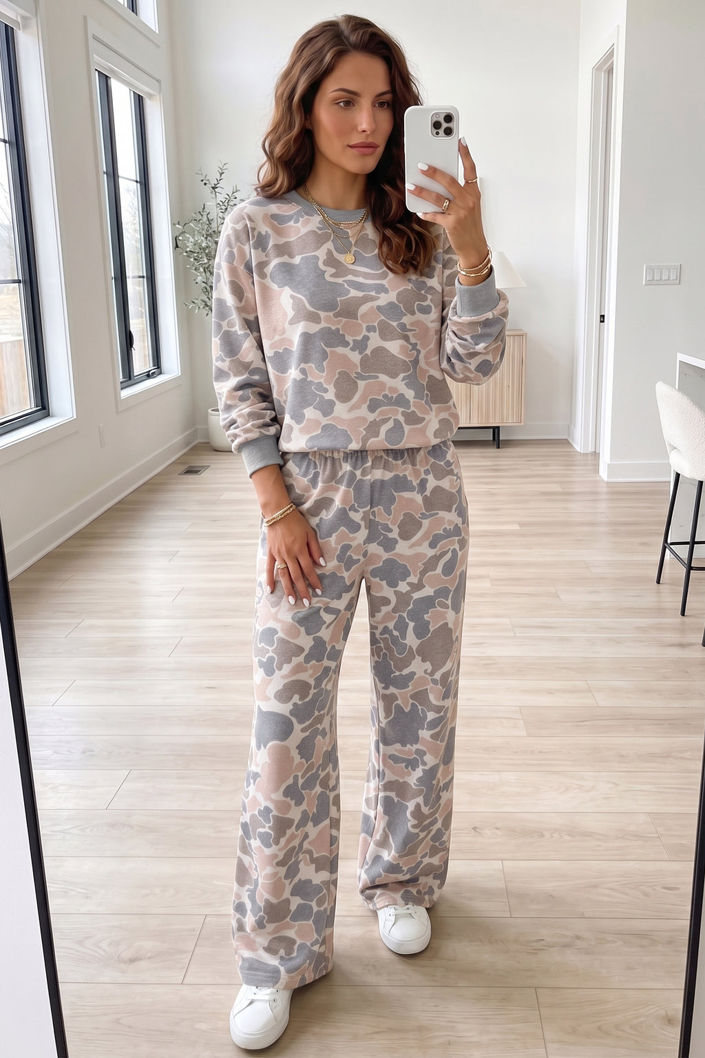 Camouflage Print Long Sleeve Top Loose 2pcs Pants Set
