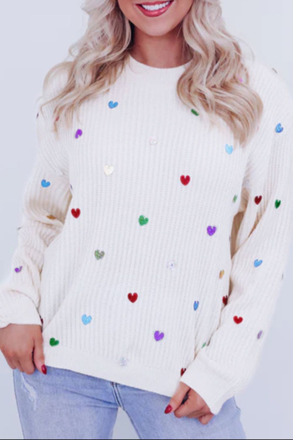 Hazel Blues® |  Heart Sequin Round Neck Long Sleeve Sweater