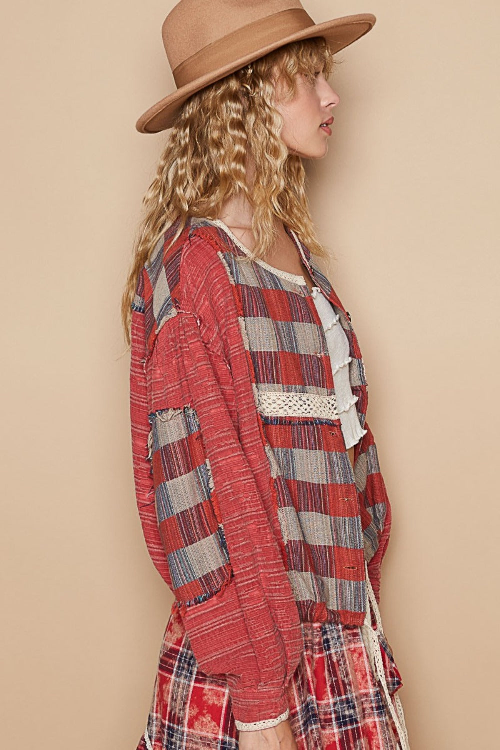 Hazel Blues® |  POL Round Neck Long Sleeve Plaid Shirt