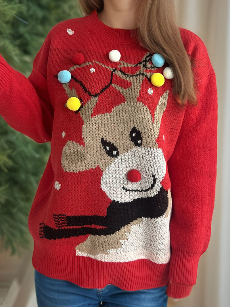 Hazel Blues® |  Reindeer Round Neck Long Sleeve Sweater