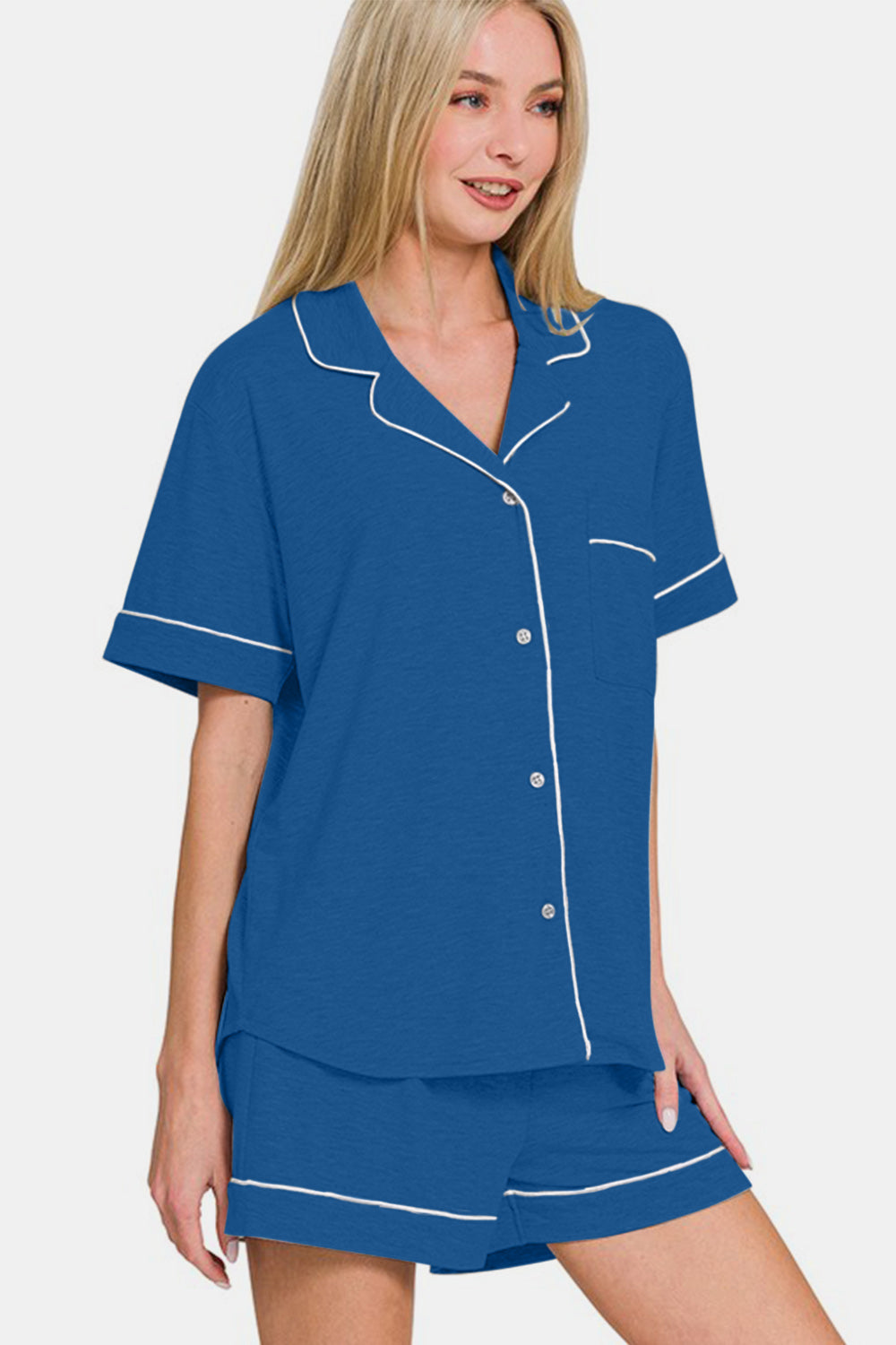 Hazel Blues® |  Zenana Button Down Short Sleeve Top and Shorts Lounge Set