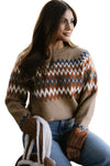 Hazel Blues® |  Khaki Aztec Print Colorblock Crew Neck Sweater