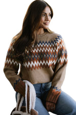 Hazel Blues® |  Khaki Aztec Print Colorblock Crew Neck Sweater