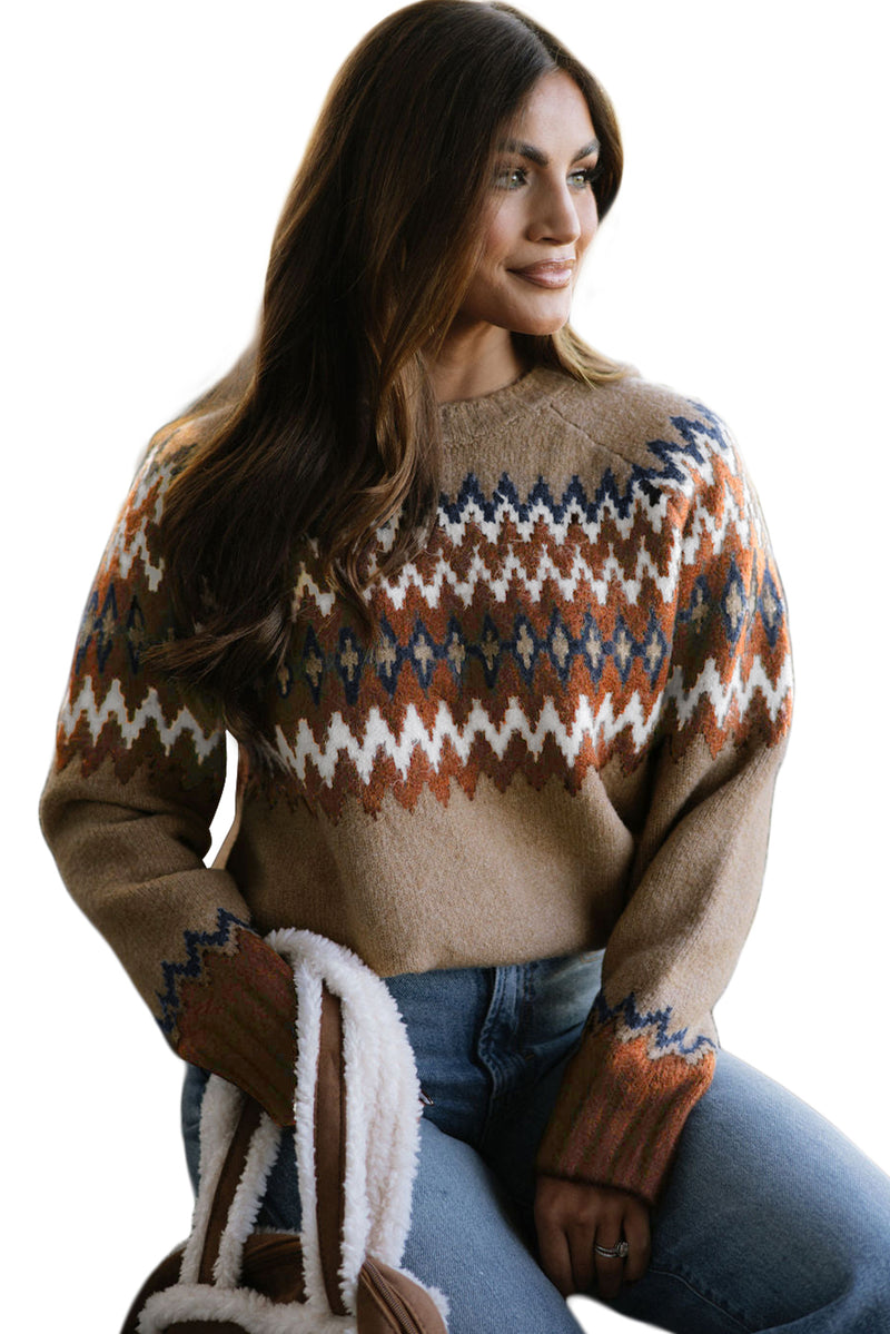 Hazel Blues® |  Khaki Aztec Print Colorblock Crew Neck Sweater