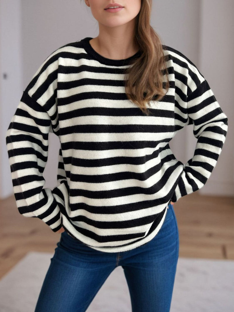 Hazel Blues® |  Distressed Striped Round Neck Long Sleeve Sweater