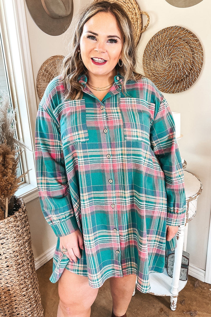 blue and green plaid dress women Button-Up Shift Long-Sleeve V-Neck Plus size dresses formal Casual dresses Ruffle trim Sadie & Sage Celestial Size:XXL - 16