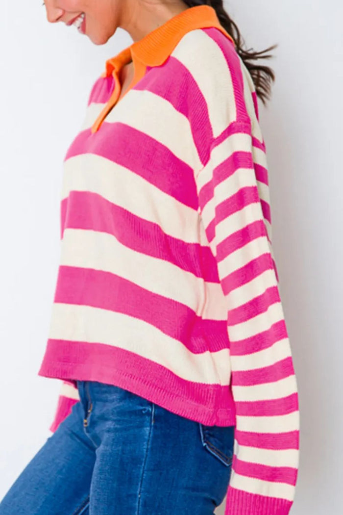 Hazel Blues® |  Contrast Stripes Johnny Collar Long Sleeve Sweater