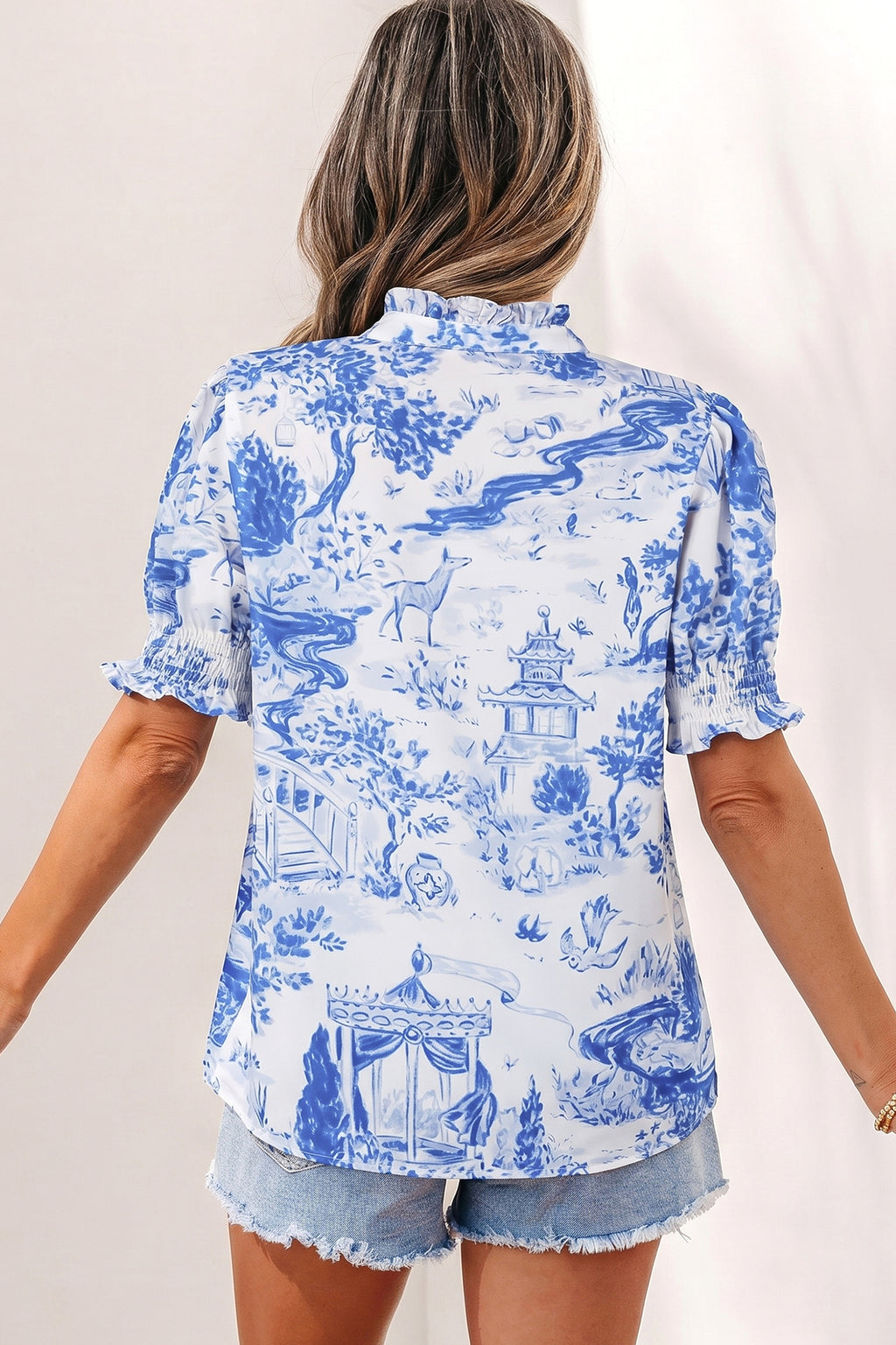 Blue Wild Animal Paradise Striped Detail V-Neck Blouse