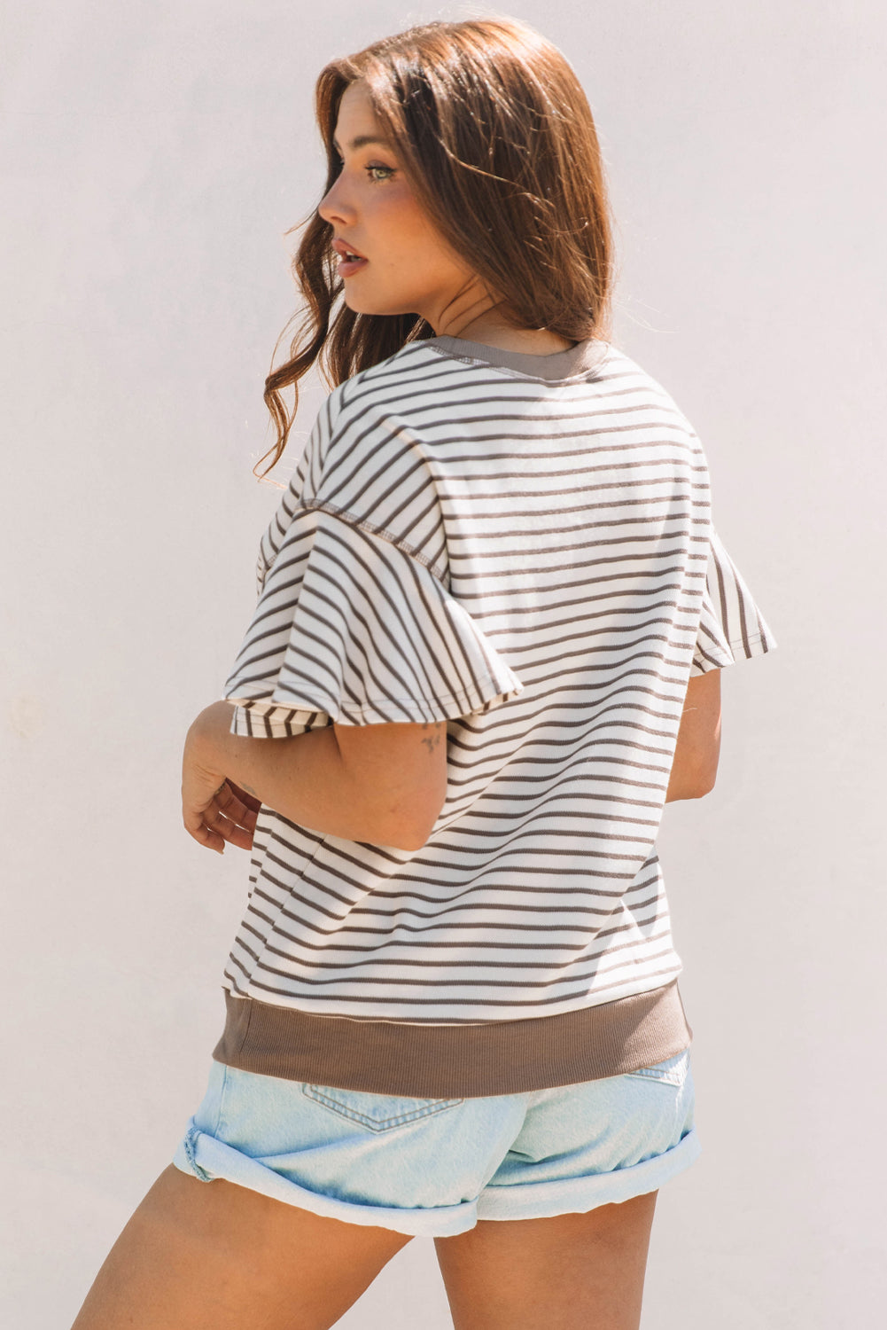 Parchment Contrast Detail Striped Ruffle Short-Sleeve Top