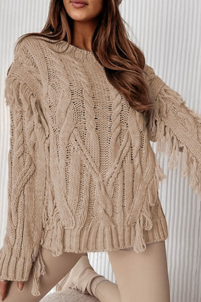 Hazel Blues® |  Cable Knit Fringe Round Neck Long Sleeve Sweater