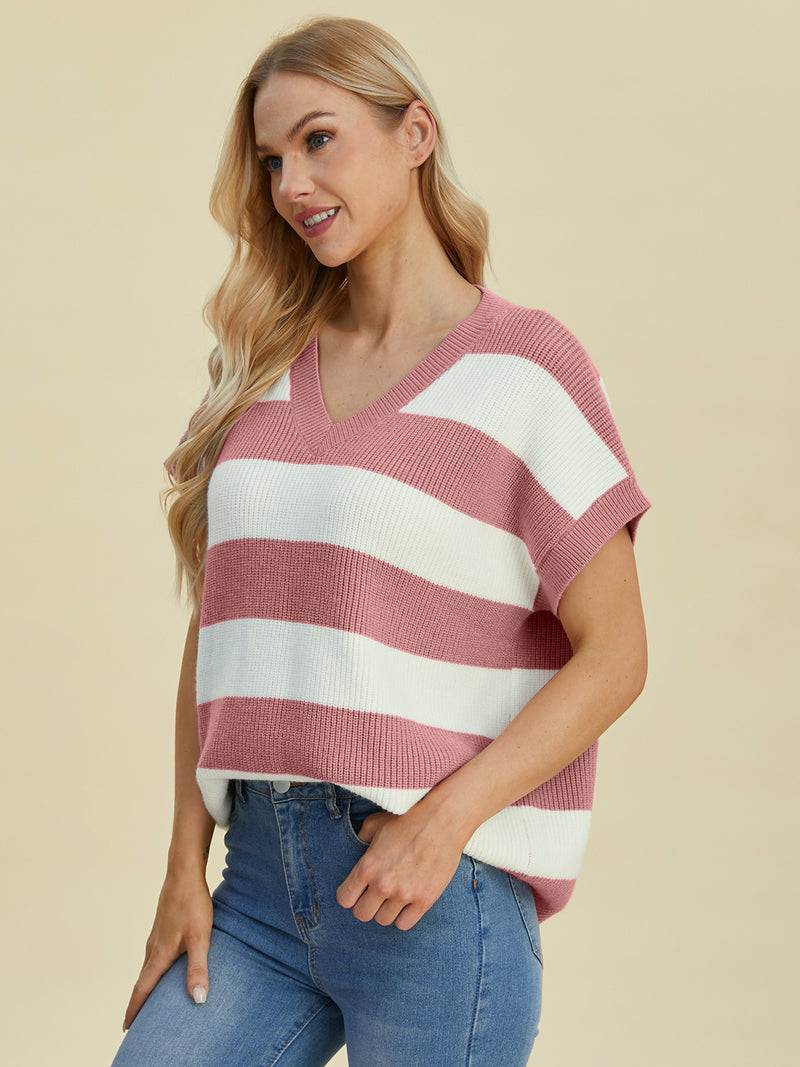 Hazel Blues® |  Double Take Striped V-Neck Short Sleeve Sweater