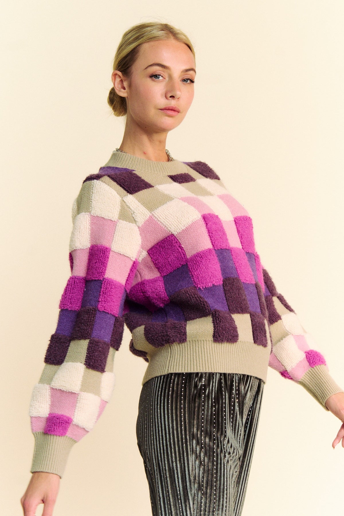 Hazel Blues® |  Davi & Dani Checkered Round Neck Long Sleeve Sweater