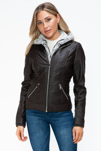 Hazel Blues® |  YMI Faux Layered Double-Zipper Jacket with Fuzzy Hood