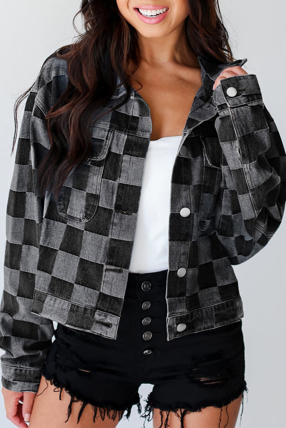 Hazel Blues® |  Checkered Button Up Denim Jacket