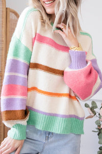 Hazel Blues® |  Contrast Striped Round Neck Drop Shoulder Sweater