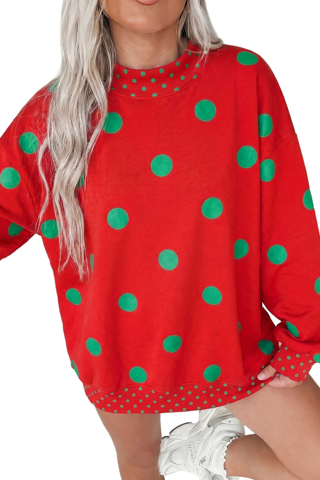 Red Polka-Dot Print Contrast Detail Oversized Tunic Sweatshirt