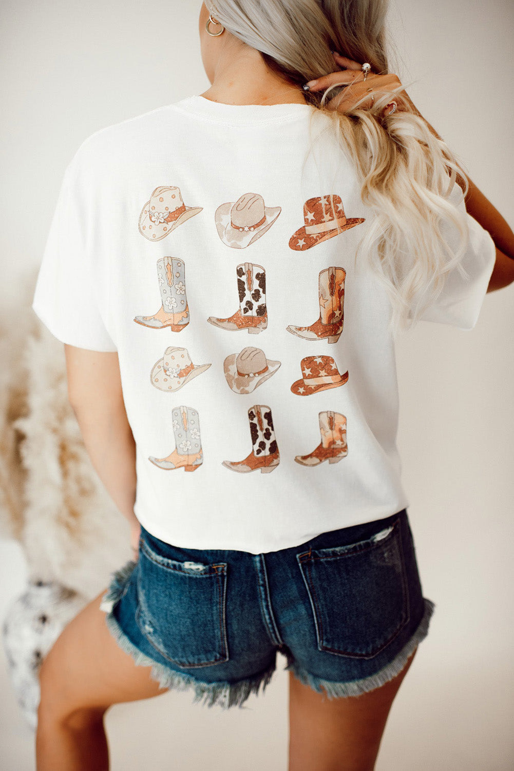 Hazel Blues® |  White Double-Side Cowboy Hat & Boots Graphic Tee