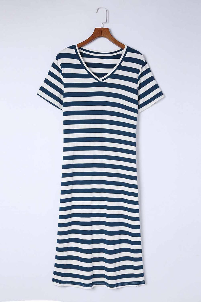 Hazel Blues® | Striped V-Neck Short Sleeve Side Slit Dress - Hazel Blues®