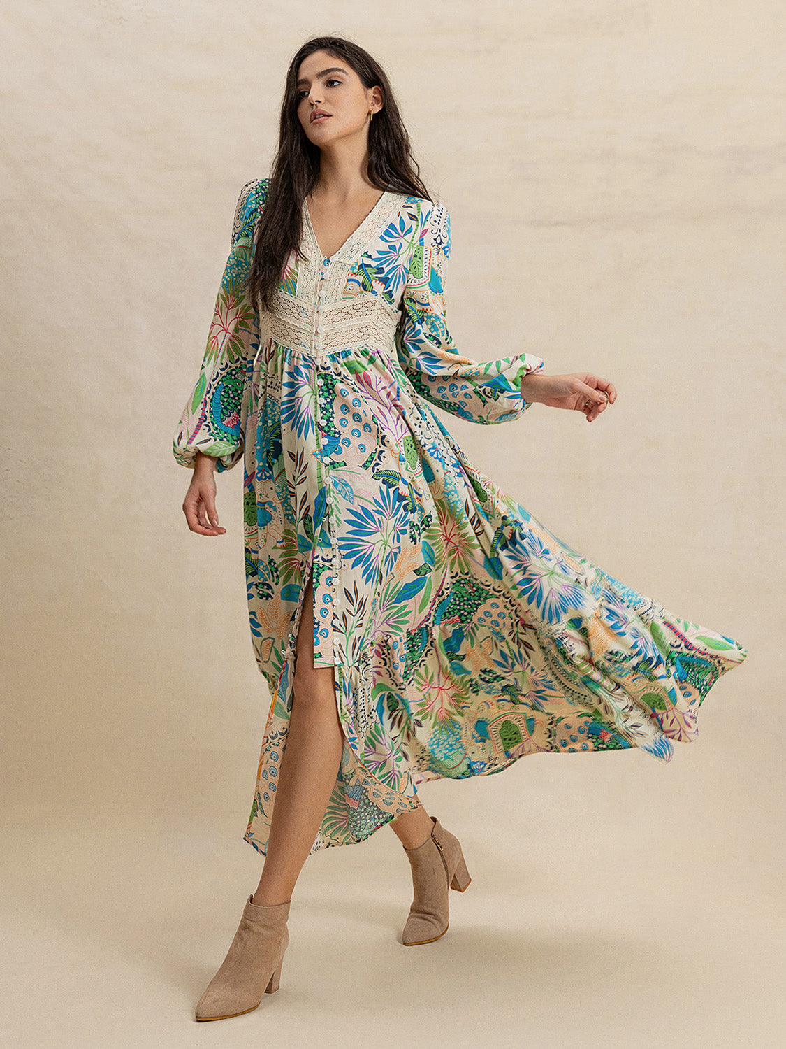 Hazel Blues® |  Slit Printed V-Neck Long Sleeve Midi Dress