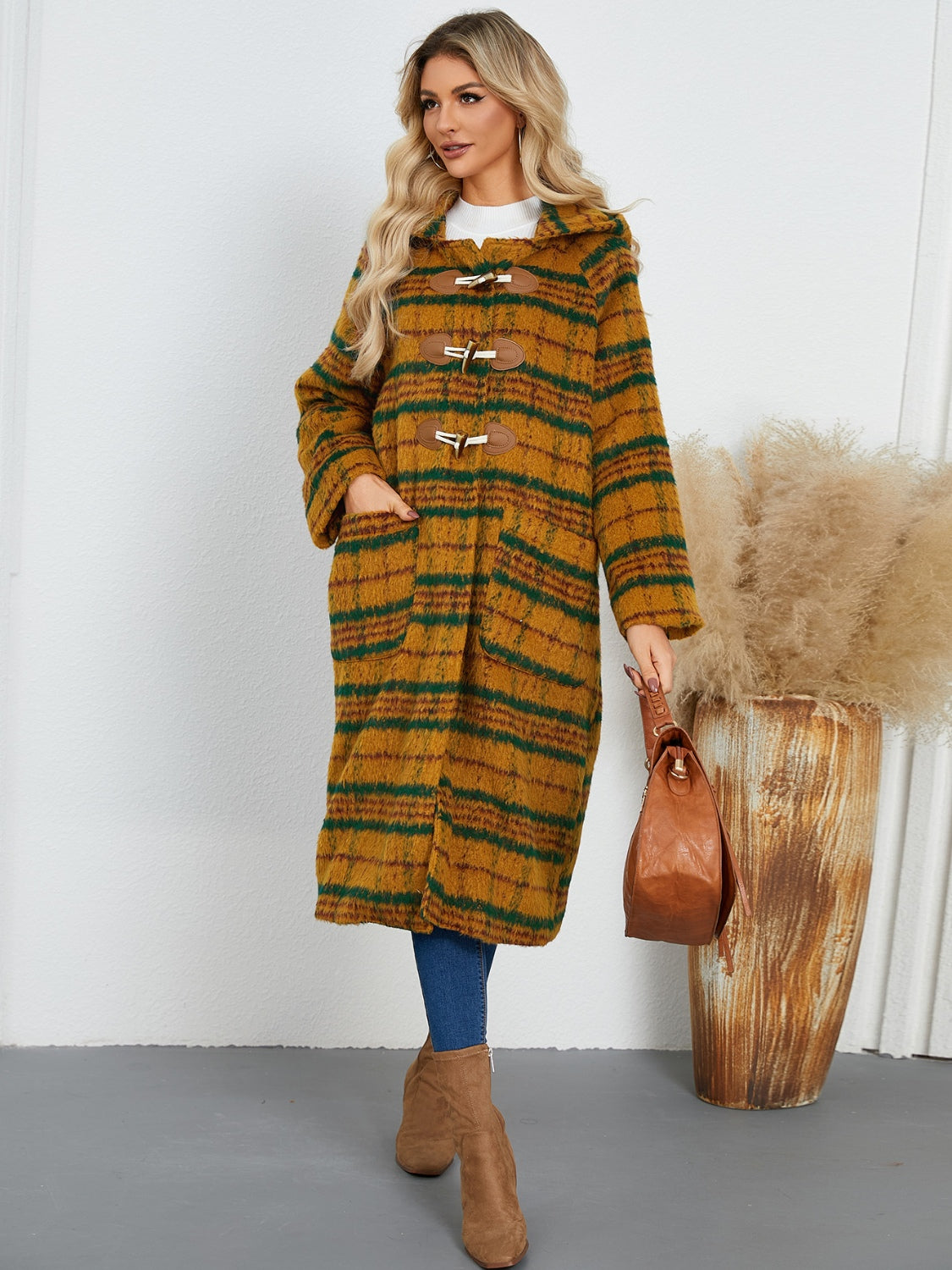 Hazel Blues® |  Plaid Long Sleeve Hooded Coat with Pockets