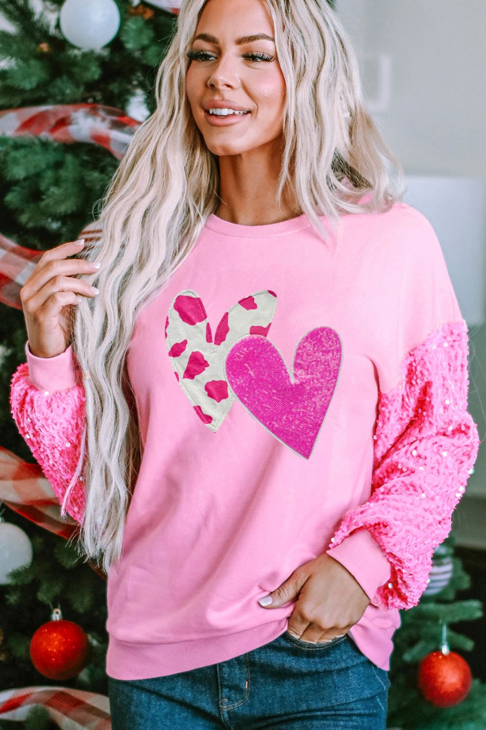 Hazel Blues® |  Valentine’s Day Sequin Heart Long Sleeve Sweatshirt