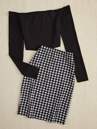 Hazel Blues® |  Off-Shoulder Long Sleeve Top and Houndstooth Skirt Set