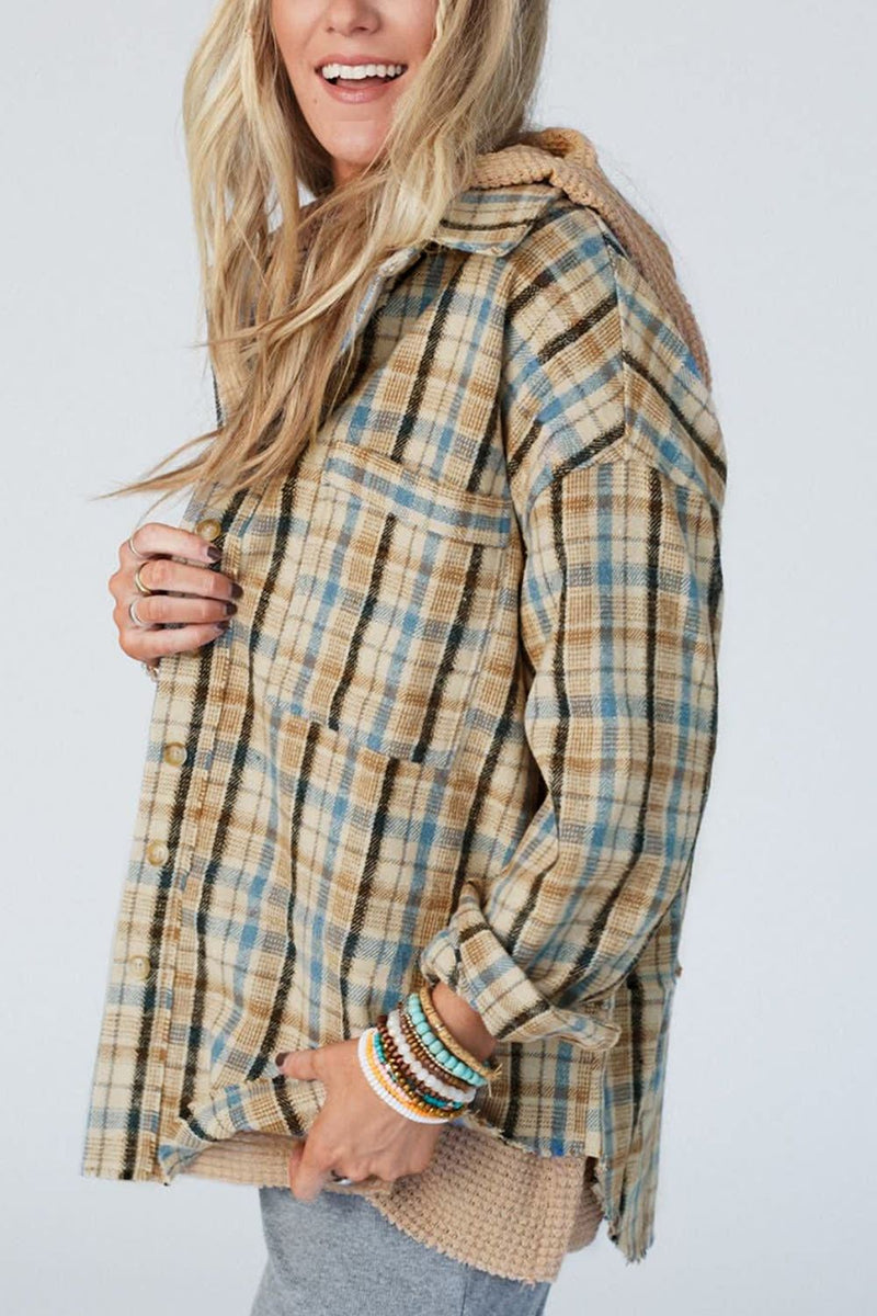 Hazel Blues® |  Drawstring Waffle Knit Patchwork Hooded Plaid Shacket